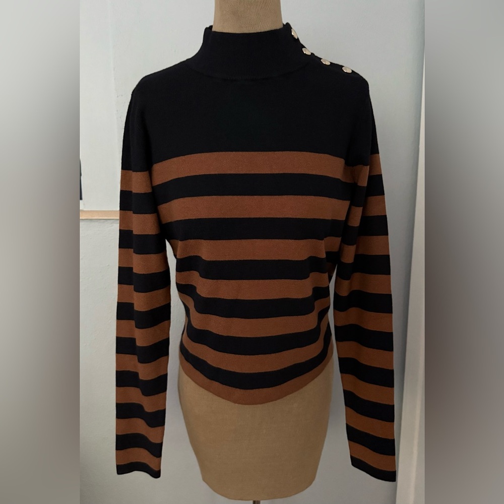 Mango Perkins Stripe Mock Neck Sweater in Chocolate Brown / Black - New -